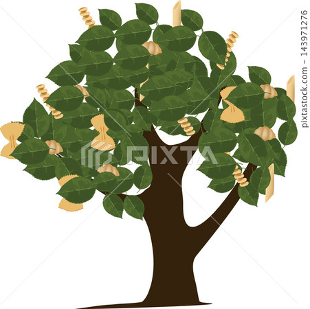 Pasta and walnuts growing on a leafy tree against white background Pasta and walnuts growing on a leafy tree against white background 143971276