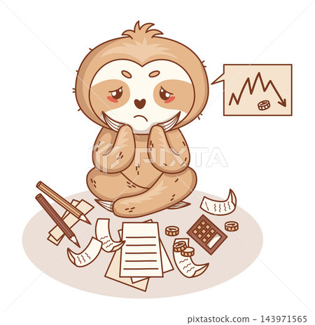 Sloth Sad Calculating Financial Loss. Cute Kawaii Animal Character Sitting Thinking Over Budget, Calculator, Bills and Falling Chart. Vector Illustration. Budgeting, Loss, Tax season, Financial Stress Sloth Sad Calculating Financial Loss. Cute Kawaii Animal Character Sitting Thinking Over Budget, Calculator, Bills and Falling Chart. Vector Illustration. Budgeting, Loss, Tax season, Financial Stress 143971565