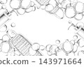 A rectangular frame with a bath sponge, soap dispenser and bubbles. Pencil-style illustration for spas, bathhouses, hotels, pharmacies, soap makers, cleaning services and packaging. 143971664