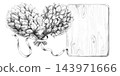 Bath brooms crossed into a heart shape and tied with a ribbon, set against a wooden board background. A pencil-style illustration designed for bath complexes, greeting cards, and invitations. 143971666