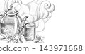 A sketch of a tea arrangement set against swirling clouds of steam. This pencil illustration is designed for use by tea shops, herbal apothecaries,food blogs, rural guesthouses, eco-friendly cafes. 143971668