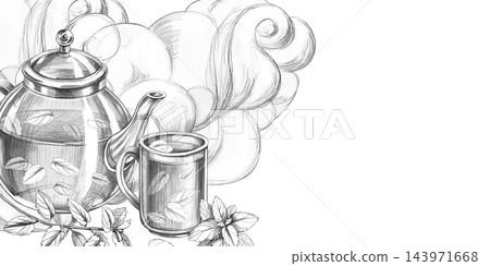 A sketch of a tea arrangement set against swirling clouds of steam. This pencil illustration is designed for use by tea shops, herbal apothecaries,food blogs, rural guesthouses, eco-friendly cafes. A sketch of a tea arrangement set against swirling clouds of steam. This pencil illustration is designed for use by tea shops, herbal apothecaries,food blogs, rural guesthouses, eco-friendly cafes. 143971668