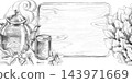 A sketch of a tea arrangement set against a board with space for text. Suitable for tea shops, herbal apothecaries,food blogs, catering services, tableware boutiques, rural guesthouses,eco-cafes. 143971669
