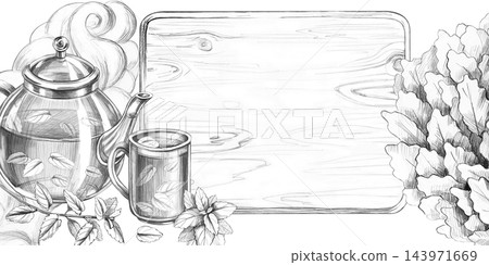 A sketch of a tea arrangement set against a board with space for text. Suitable for tea shops, herbal apothecaries,food blogs, catering services, tableware boutiques, rural guesthouses,eco-cafes. A sketch of a tea arrangement set against a board with space for text. Suitable for tea shops, herbal apothecaries,food blogs, catering services, tableware boutiques, rural guesthouses,eco-cafes. 143971669