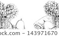 A rectangular frame featuring illustrations of bath brooms in a tub, a towel,sauna hats. This pencil drawing is suitable for materials related to saunas,spas, as well as for the design of invitations. 143971670