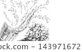 Dynamic splashes flying from a bucket, framed within a rectangular border. This pencil illustration is suited for bath complexes, spa centers, massage studios, manufacturers of natural cosmetics. 143971672