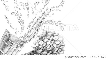 Dynamic splashes flying from a bucket, framed within a rectangular border. This pencil illustration is suited for bath complexes, spa centers, massage studios, manufacturers of natural cosmetics. 143971672