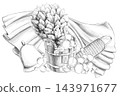 A detailed pencil sketch of bath accessories. Perfectly suited for design use in spas, bath complexes, wellness resorts, fitness clubs, and shops selling eco-friendly products. 143971677
