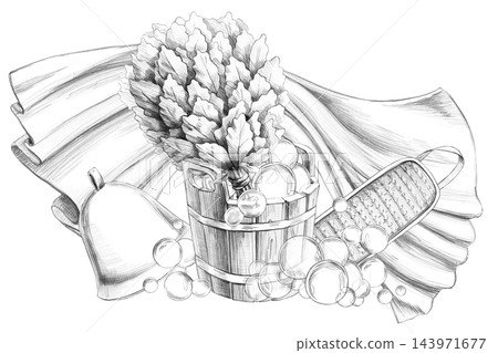 A detailed pencil sketch of bath accessories. Perfectly suited for design use in spas, bath complexes, wellness resorts, fitness clubs, and shops selling eco-friendly products. 143971677