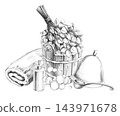 A collection of bathhouse-related items, rendered as pencil drawings. Suitable for the design of bath complexes, textile manufacturers, companies producing hygiene products, and fitness centers. 143971678