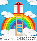 A staircase into the sky toward a rainbow with a gift waiting at the top 143972275
