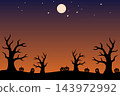 Halloween sunset background with spooky trees and bats vector design 143972992