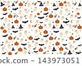 Cute Halloween seamless pattern with pumpkins, ghosts and bats vector design    143973051