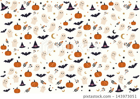 Cute Halloween seamless pattern with pumpkins, ghosts and bats vector design Cute Halloween seamless pattern with pumpkins, ghosts and bats vector design 143973051