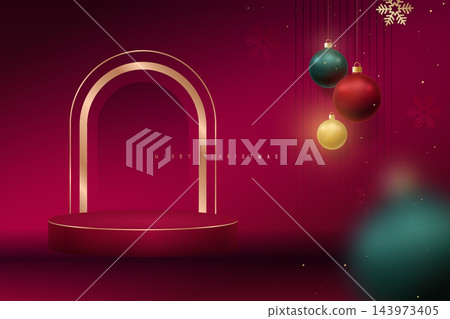 Elegant arch in rich dark red backdrop with colorful ornaments creating festive vibe Elegant arch in rich dark red backdrop with colorful ornaments creating festive vibe 143973405
