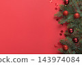 Christmas frame with fir tree and balls on red. Greeting card. Happy New Year. 143974084
