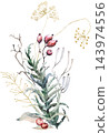 Watercolor Christmas bouquet with winter berries and leaves. Botanical isolated illustration 143974556