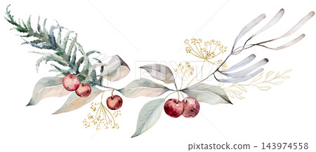 Watercolor Christmas bouquet with winter berries and leaves. Botanical isolated illustration Watercolor Christmas bouquet with winter berries and leaves. Botanical isolated illustration 143974558
