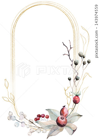 Watercolor Christmas frame with winter berries, leaves and branches. Botanical isolated illustration Watercolor Christmas frame with winter berries, leaves and branches. Botanical isolated illustration 143974559