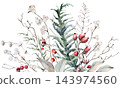 Watercolor Christmas border with berries, branches and leaves. Winter isolated illustration 143974560