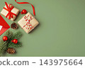 Christmas flat lay background with gift boxes and xmas decoration on green background 143975664