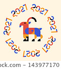 Modern geometric illustration of a stylized goat surrounded by the year 2021 in a circular pattern 143977170
