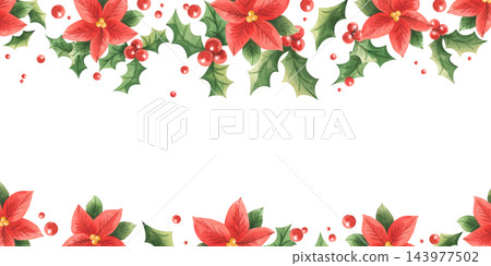 Red poinsettia flowers with holly leaves and berries. Hand-painted watercolor illustration. Horizontal, rectangular Christmas and New Year frame, template for text. Elements for framing. Red poinsettia flowers with holly leaves and berries. Hand-painted watercolor illustration. Horizontal, rectangular Christmas and New Year frame, template for text. Elements for framing. 143977502