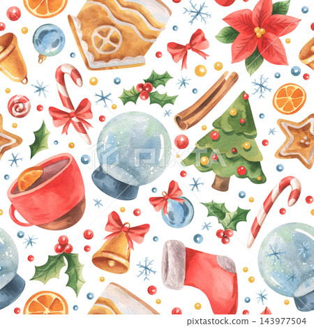 Watercolor Christmas elements with decorated tree, ornaments, gingerbread and festive treats. Holiday seamless pattern. Hand painted winter celebration. Seasonal illustration for greeting design. Watercolor Christmas elements with decorated tree, ornaments, gingerbread and festive treats. Holiday seamless pattern. Hand painted winter celebration. Seasonal illustration for greeting design. 143977504