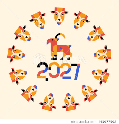 Modern geometric illustration of a stylized goat and year 2027 in a circular pattern Modern geometric illustration of a stylized goat and year 2027 in a circular pattern 143977598