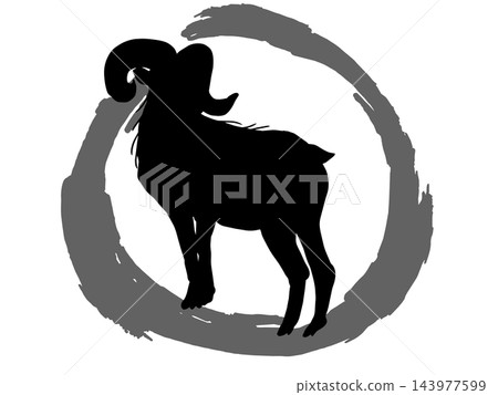 筆觸圓形邊框和公羊輪廓 - 日式向量插圖，代表羊年（中國生肖） 143977599