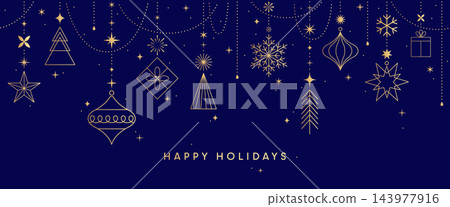 Happy Holidays card, Christmas ball banner, gold ornaments Happy Holidays card, Christmas ball banner, gold ornaments 143977916