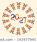 Modern geometric illustration of the year 2027 surrounded by stylized goats in a circular pattern 143977945
