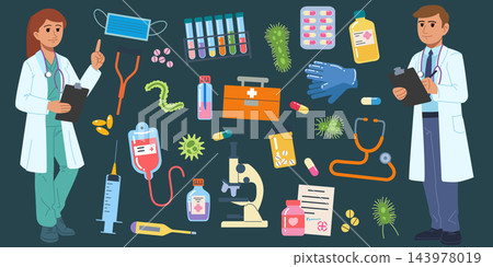 Cartoon doctor. Nurse in hospital. Retro character, medicine of health. Happy people in clinic. Icon tablet, pills. Treatment facility. Medical staff with stethoscopes, protective mask, vector element Cartoon doctor. Nurse in hospital. Retro character, medicine of health. Happy people in clinic. Icon tablet, pills. Treatment facility. Medical staff with stethoscopes, protective mask, vector element 143978019