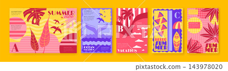 Summer beach. Travel background. Poster with palm, sun, fruit tropical vibe. Vacation pattern of ocean. Sunset sea holiday. Resort party. Colorful travel cards, exotic foliage. Vector garish banners 143978020