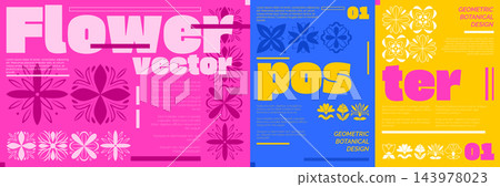 Floral poster. Flower vibrant geometry. Botanical typography. Plant Y2K, blossom design. Graphic shape star, cover ornament. Bright background with decorative petals, abstract vector garish banner Floral poster. Flower vibrant geometry. Botanical typography. Plant Y2K, blossom design. Graphic shape star, cover ornament. Bright background with decorative petals, abstract vector garish banner 143978023