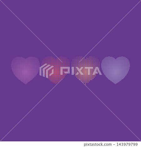Set of 4 colorful halftone heart shapes with gradient dot patterns on purple background  143979799