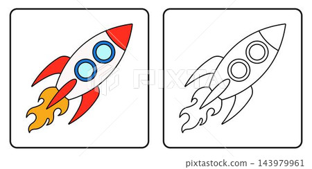 Cartoon space rocket with two portholes coloring page with sample isolated on white background Cartoon space rocket with two portholes coloring page with sample isolated on white background 143979961