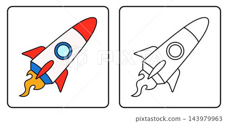 Cartoon space rocket coloring page with colored sample isolated on white background Cartoon space rocket coloring page with colored sample isolated on white background 143979963