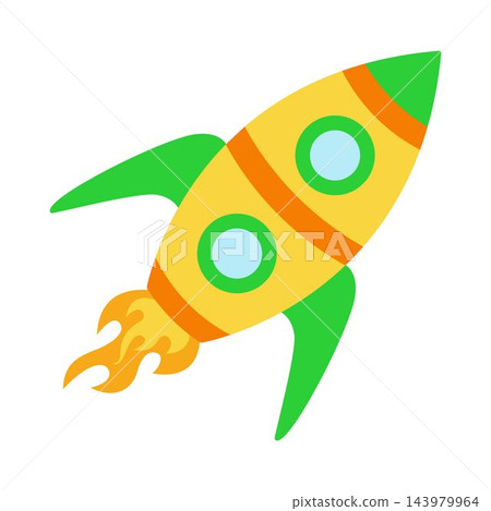 Bright cartoon space rocket launching into the sky with fiery propulsion flame for children's educational content and playful graphic projects Bright cartoon space rocket launching into the sky with fiery propulsion flame for children's educational content and playful graphic projects 143979964