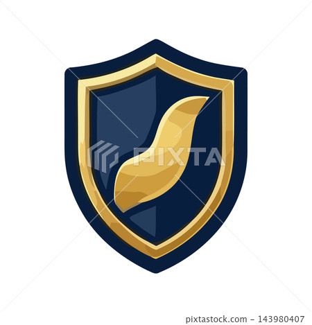 A stylized gold leaf emblem on a dark blue shield, representing security, protection, and quality. 143980407