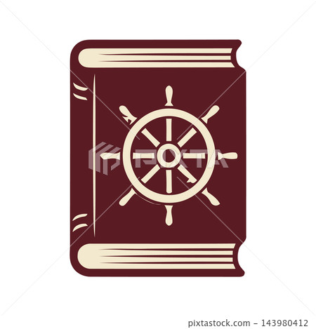 A stylized vintage book featuring a ship's wheel emblem, representing naval education and adventure. 143980412