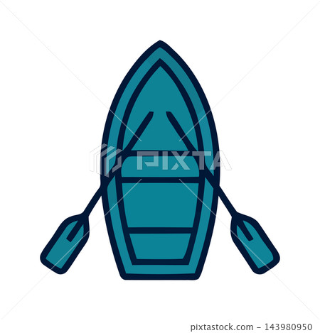 A simple, minimalist illustration of a teal rowboat with oars, viewed from directly above. A simple, minimalist illustration of a teal rowboat with oars, viewed from directly above. 143980950