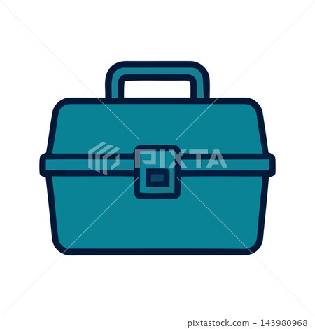 Iconic representation of a closed blue fishing tackle box with a handle and latch, isolated on a clean white background. Iconic representation of a closed blue fishing tackle box with a handle and latch, isolated on a clean white background. 143980968