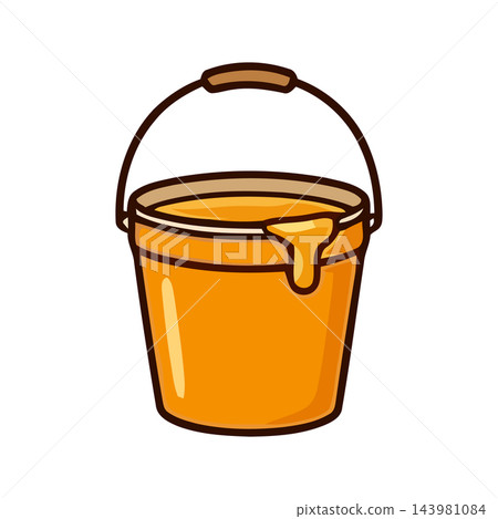 A vibrant cartoon-style bucket filled with golden honey, with a sweet drip flowing over the side. Includes handle. 143981084