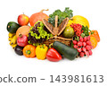 Collection of fresh organic vegetables fruits and wicker basket isolated on white background in horizontal view with copy space 143981613