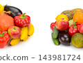 Fresh organic fruits and vegetables arrangement isolated on white background with center copy space horizontal studio photograph frame design 143981724