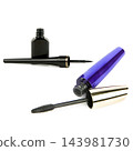 Black liquid eyeliner bottle with brush and open blue mascara tube with wand isolated on white background square photo composition featuring copy space 143981730