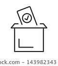voting illustration, icon of a voter's hand casting a ballot into a ballot box, clear image, editable lines 143982343