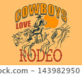 Cowboy rodeo poster. Wild west t shirt concept with a man horseback jumping on his steed. Fully hand 143982950