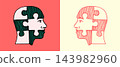Head puzzle concept for psychology or science theme. Neuroscience and therapy. Hand drawn engraving. 143982960